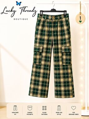 Green Plaid Tartan Cargo Pants Y2K Alt Goth Wide Leg High Waist Size 1